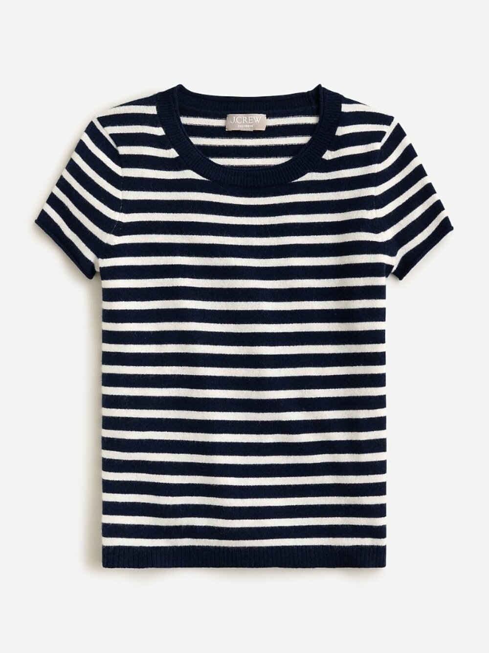 J Crew 100% cashmere navy blue white Breton striped short sleeve knit sweater L